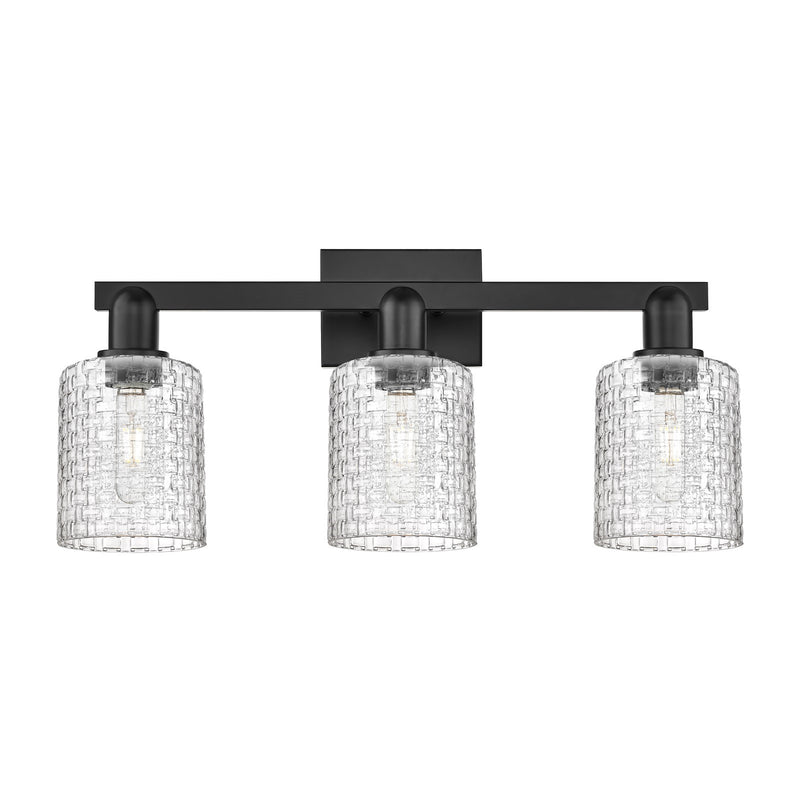 Innovations Cobbleskill 24in 3-Light Bath Vanity Light | Industrial Matte Black Steel and Clear Basket Weave Glass | Bathroom | Model 716-3W-BK-G112C-5CL