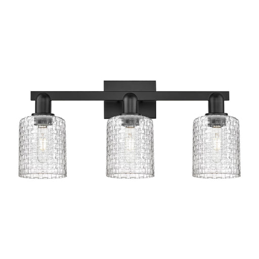 Innovations Cobbleskill 24in 3-Light Bath Vanity Light | Industrial Matte Black Steel and Clear Basket Weave Glass | Bathroom | Model 716-3W-BK-G112C-5CL
