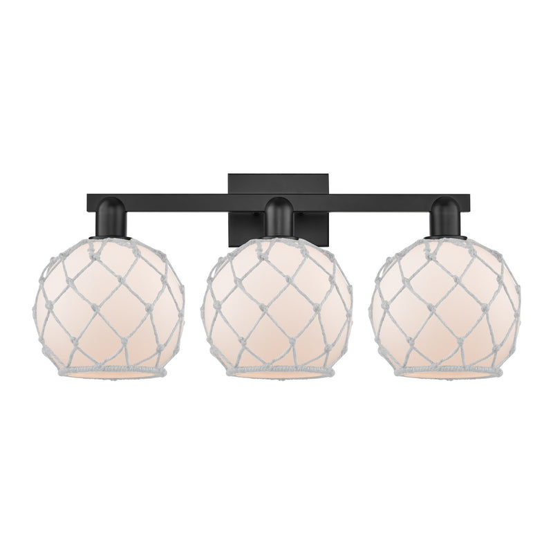 Innovations Farmhouse Rope 27in 3-Light Bath Vanity | Industrial Matte Black Steel and White Frosted Glass with Rope | Bathroom | Model 716-3W-BK-G121-8RW