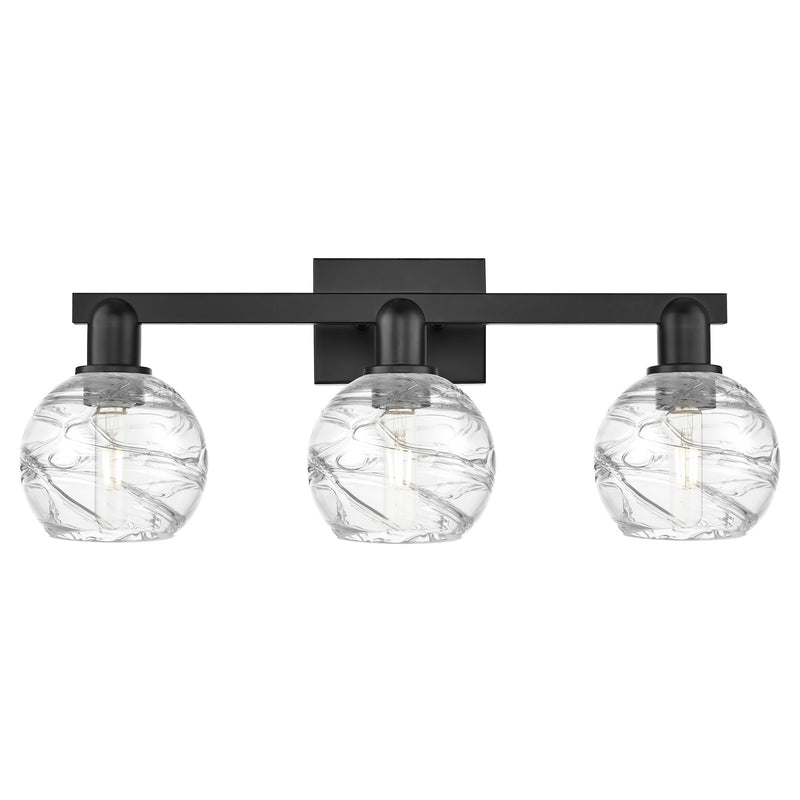 Innovations Athens Deco Swirl 26in 3-Light Bath Vanity | Industrial Matte Black Steel and Clear Deco Swirl Glass | Bathroom | Model 716-3W-BK-G1213-6CL