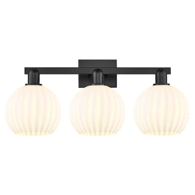 Innovations Lighting White Venetian 27in 3-Light Bath Vanity | Industrial Matte Black Steel and White Venetian Glass | Model 716-3W-BK-G1217-8WV