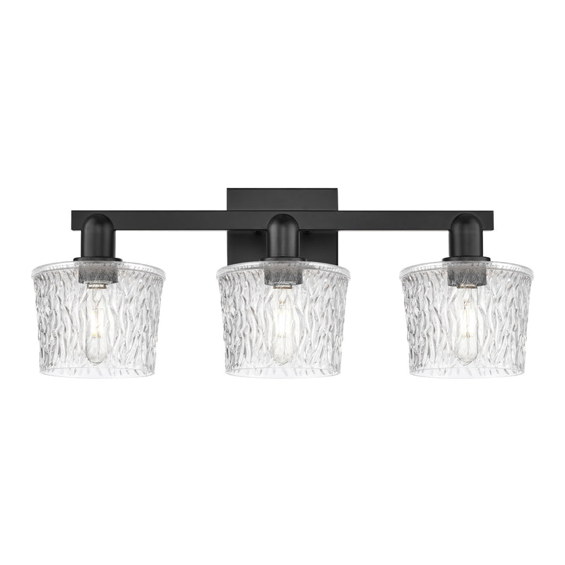 Innovations Niagara 26in 3-Light Bath Vanity Light | Industrial Matte Black Steel and Clear Glass | Bathroom Vanity | 25.5 x 10.25 | Model 716-3W-BK-G402