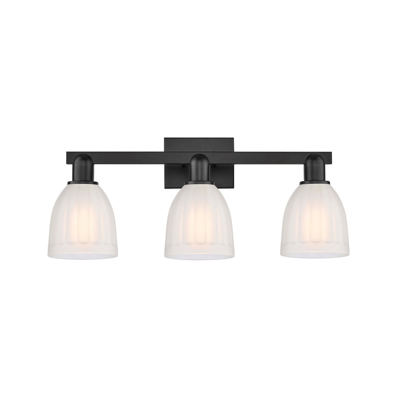 Innovations Brookfield 25in 3-Light Bath Vanity Light | Industrial Matte Black Steel and White Frosted Ribbed Glass | Bathroom | Model 716-3W-BK-G441