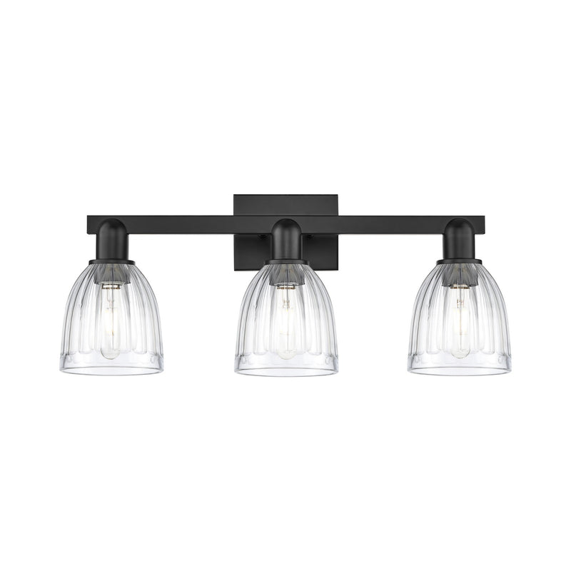 Innovations Brookfield 25in 3-Light Bath Vanity Light | Industrial Matte Black Steel and Clear Ribbed Glass | Bathroom Vanity | Model 716-3W-BK-G442
