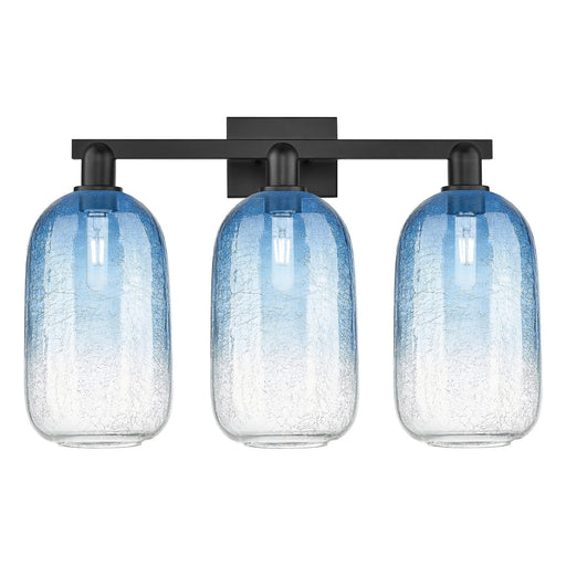 Innovations Brookhaven Cloche 26in 3-Light Bath Vanity | Industrial Matte Black Steel and Sapphire Blue Glass | Bathroom Vanity | Model 716-3W-BK-G482-7SB
