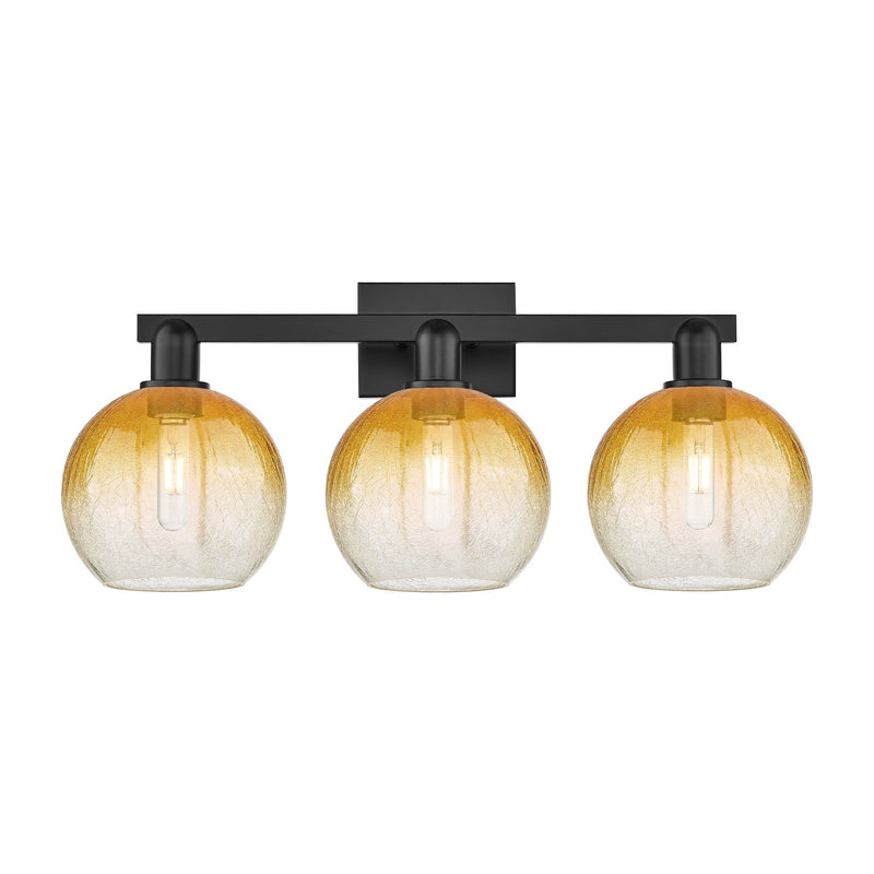 Innovations Brookhaven Globe 27in 3-Light Bath Vanity | Industrial Matte Black Steel and Amber Glass | Bathroom Vanity Light | Model 716-3W-BK-G483-8AM