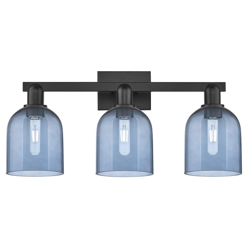 Innovations Bella 25in 3-Light Bath Vanity Light | Industrial Matte Black Steel and Blue Glass | Bathroom Vanity | 24.5 x 11.25 | Model 716-3W-BK-G558-6BL