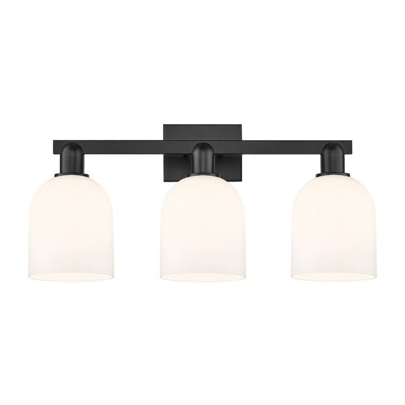 Innovations Bella 25in 3-Light Bath Vanity Light | Industrial Matte Black Steel and White Glass | Entryway & Bathroom Vanity | Model 716-3W-BK-G558-6GWH