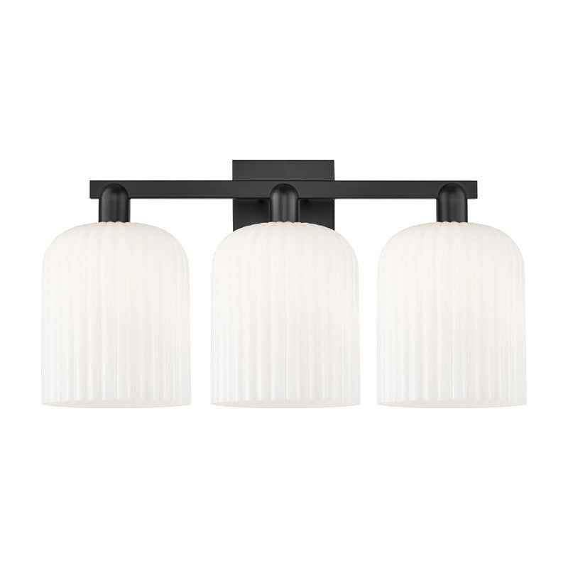 Innovations Bridal Veil 27in 3-Light Bath Vanity Light | Industrial Matte Black Steel and Gloss White Ribbed Glass | Bathroom | Model 716-3W-BK-G559-8GWH