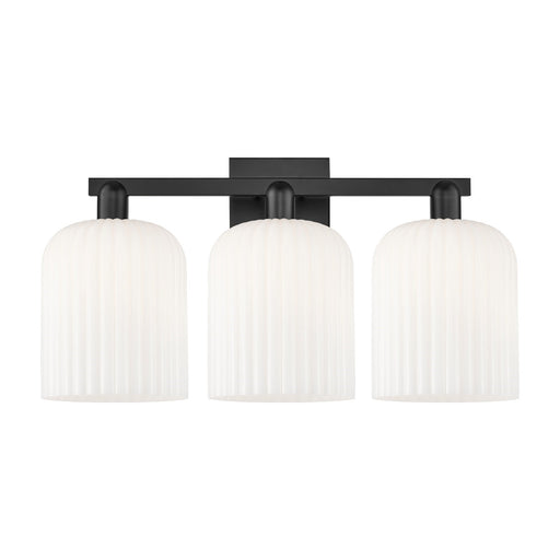 Innovations Bridal Veil 27in 3-Light Bath Vanity Light | Industrial Matte Black Steel and Gloss White Ribbed Glass | Bathroom | Model 716-3W-BK-G559-8GWH