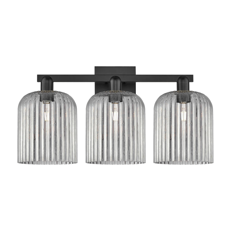 Innovations Bridal Veil 27in 3-Light Bath Vanity Light | Industrial Matte Black Steel and Light Smoke Ribbed Glass | Bathroom | Model 716-3W-BK-G559-8SM