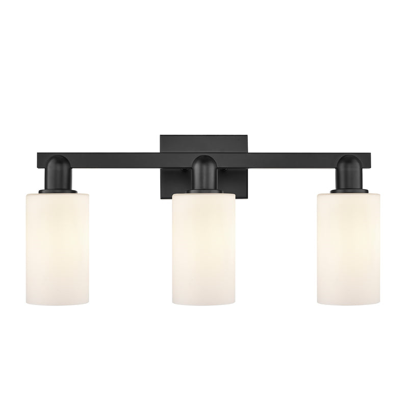 Innovations Clymer 23in 3-Light Bath Vanity Light | Industrial Matte Black Steel and Cast Brass with Matte White Glass Shades | Model 716-3W-BK-G801