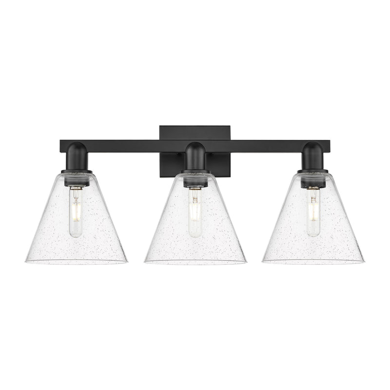 Innovations Berkshire 26in 3-Light Bath Vanity | Industrial Matte Black Steel and Seedy Glass | Bathroom Vanity Light | 26 x | Model 716-3W-BK-GBC-84
