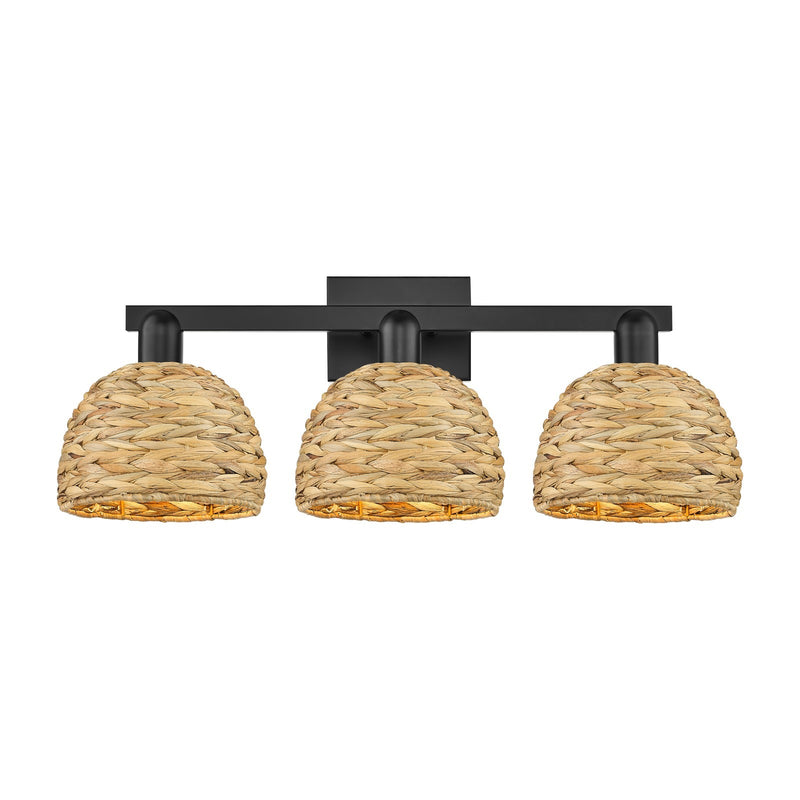 Innovations Woven Rattan 27in 3-Light Bath Vanity | Industrial Matte Black Steel and Natural Fiber Shade | Bathroom Vanity | Model 716-3W-BK-RBD-8-NAT