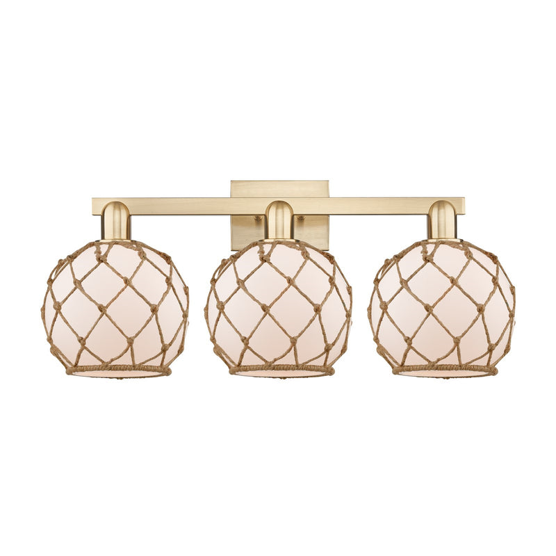 Innovations Farmhouse Rope 27in 3-Light Bath Vanity | Industrial Champagne Bronze Steel and White Frosted Glass with Brown Rope | Model 716-3W-CB-G121-8RB