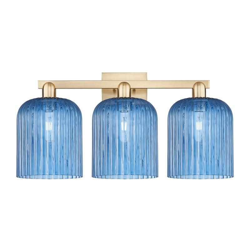 Innovations Bridal Veil 27in 3-Light Bath Vanity Light | Industrial Champagne Bronze Steel and Princess Blue Ribbed Glass | Model 716-3W-CB-G559-8BL