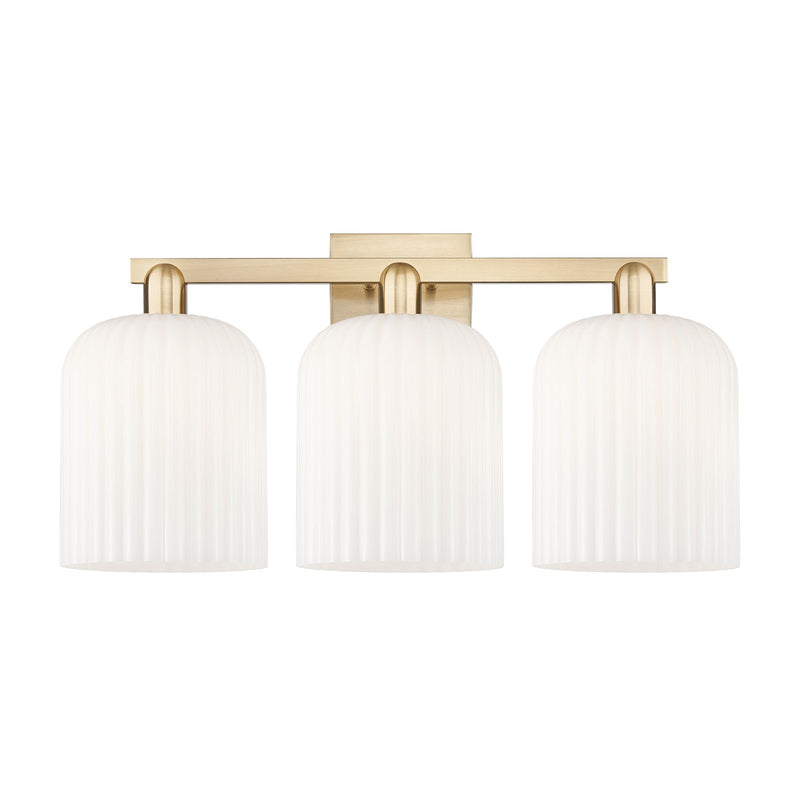 Innovations Bridal Veil 27in 3-Light Bath Vanity Light | Industrial Champagne Bronze Steel and Gloss White Ribbed Glass | Model 716-3W-CB-G559-8GWH