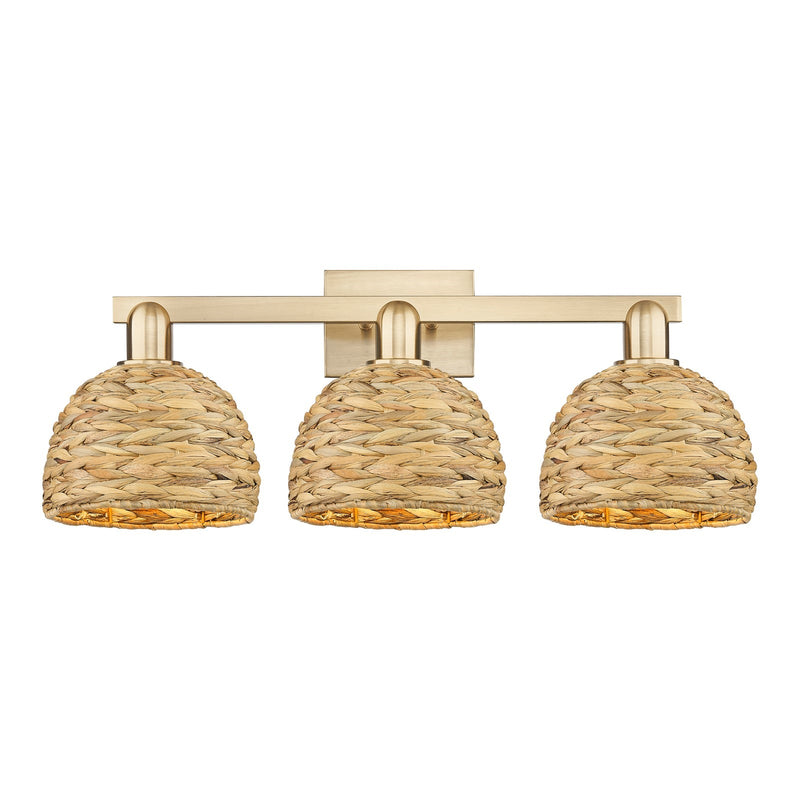 Innovations Woven Rattan 27in 3-Light Bath Vanity Light | Industrial Champagne Bronze Steel and Natural Rattan Dome Shade | Model 716-3W-CB-RBD-8-NAT