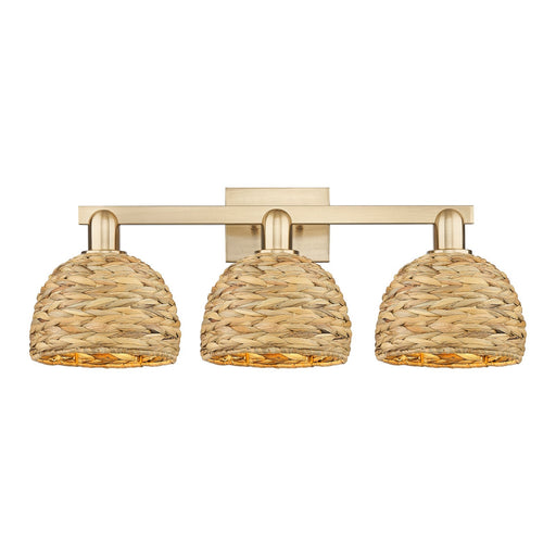 Innovations Woven Rattan 27in 3-Light Bath Vanity Light | Industrial Champagne Bronze Steel and Natural Rattan Dome Shade | Model 716-3W-CB-RBD-8-NAT