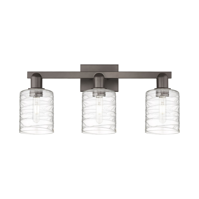 Innovations Cobbleskill 24in 3-Light Bath Vanity | Industrial Oil Rubbed Bronze Steel and Deco Swirl Glass | Bathroom Vanity Light | Model 716-3W-OB-G1113