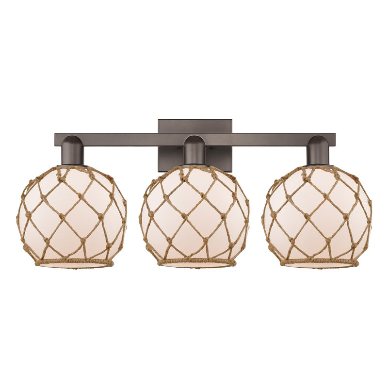 Innovations Farmhouse Rope 27in 3-Light Bath Vanity | Industrial Oil Rubbed Bronze Steel and White Glass with Brown Rope | Model 716-3W-OB-G121-8RB