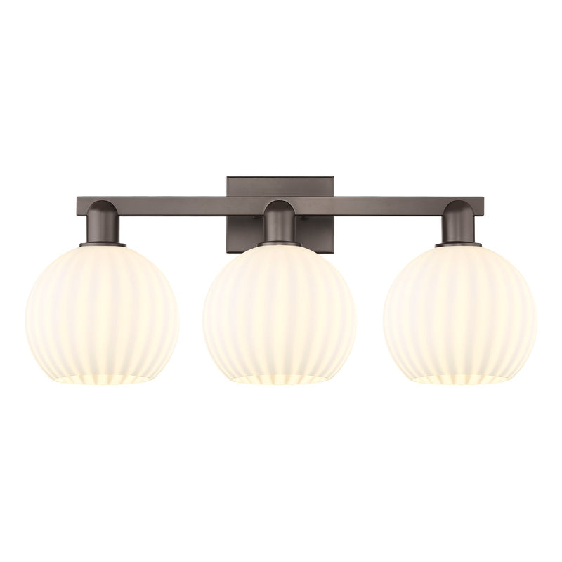 Innovations Lighting Arcadia 27in 3-Light Bath Vanity Light | Industrial Oil Rubbed Bronze and White Venetian Glass | Bathroom | Model 716-3W-OB-G1217-8WV