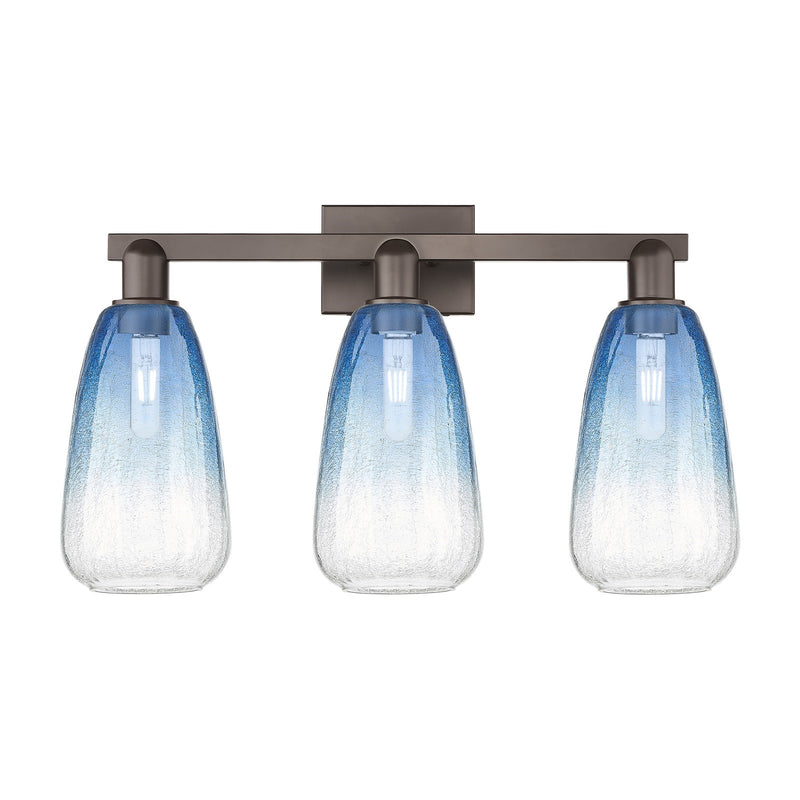 Innovations Brookhaven Almond 26in 3-Light Bath Vanity Light | Industrial Oil Rubbed Bronze and Sapphire Blue Glass | Bathroom | Model 716-3W-OB-G480-6SB