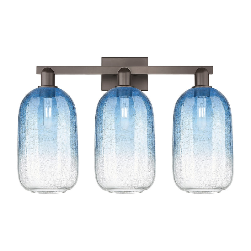 Innovations Brookhaven Cloche 26in 3-Light Bath Vanity | Industrial Oil Rubbed Bronze Steel and Sapphire Blue Glass | Bathroom | Model 716-3W-OB-G482-7SB
