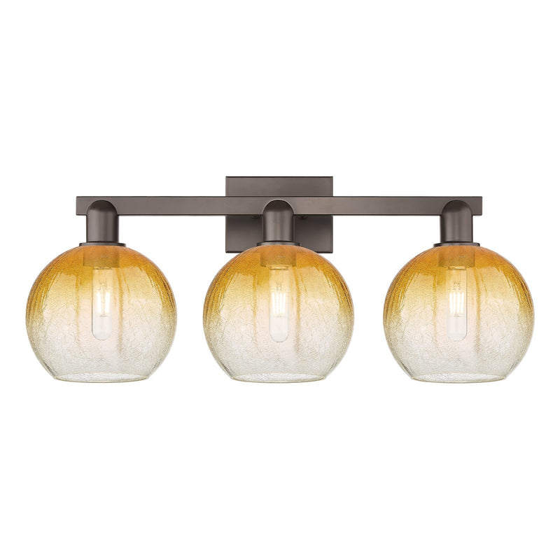Innovations Brookhaven Globe 27in 3-Light Bath Vanity | Industrial Oil Rubbed Bronze Steel and Amber Glass | Bathroom Vanity | Model 716-3W-OB-G483-8AM