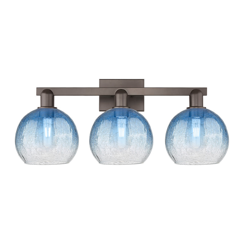Innovations Brookhaven Globe 27in 3-Light Bath Vanity Light | Industrial Oil Rubbed Bronze Steel and Sapphire Blue Glass | Model 716-3W-OB-G483-8SB
