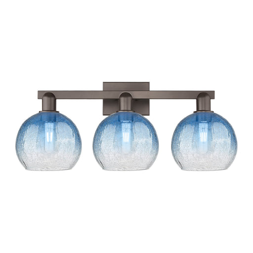 Innovations Brookhaven Globe 27in 3-Light Bath Vanity Light | Industrial Oil Rubbed Bronze Steel and Sapphire Blue Glass | Model 716-3W-OB-G483-8SB