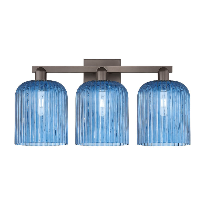 Innovations Bridal Veil 27in 3-Light Bath Vanity Light | Industrial Oil Rubbed Bronze Steel and Princess Blue Ribbed Glass | Model 716-3W-OB-G559-8BL