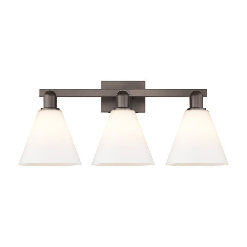 Innovations Berkshire Glass 26in 3-Light Bath Vanity | Industrial Oil Rubbed Bronze Steel and Matte White Glass | Damp Rated | Model 716-3W-OB-GBC-81
