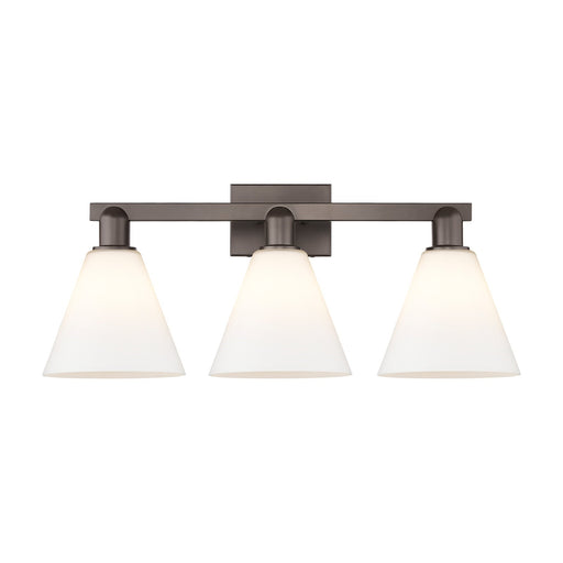 Innovations Berkshire Glass 26in 3-Light Bath Vanity | Industrial Oil Rubbed Bronze Steel and Matte White Glass | Damp Rated | Model 716-3W-OB-GBC-81
