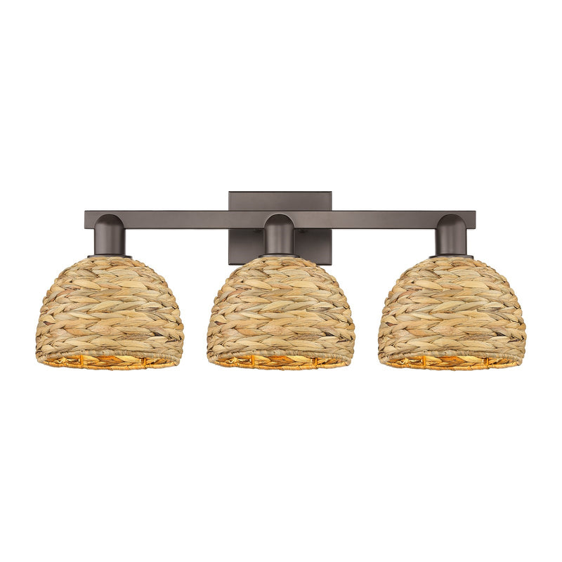 Innovations Woven Rattan 27in 3-Light Bath Vanity Light | Industrial Oil Rubbed Bronze Steel and Natural Fiber Dome Shade | Model 716-3W-OB-RBD-8-NAT