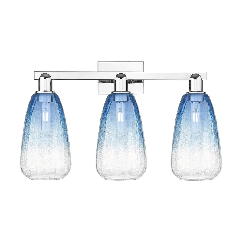 Innovations Brookhaven Almond 25in 3-Light Bath Vanity Light | Industrial Polished Chrome and Sapphire Blue Glass | Bathroom | Model 716-3W-PC-G480-6SB