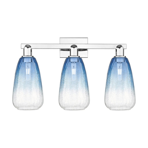 Innovations Brookhaven Almond 25in 3-Light Bath Vanity Light | Industrial Polished Chrome and Sapphire Blue Glass | Bathroom | Model 716-3W-PC-G480-6SB