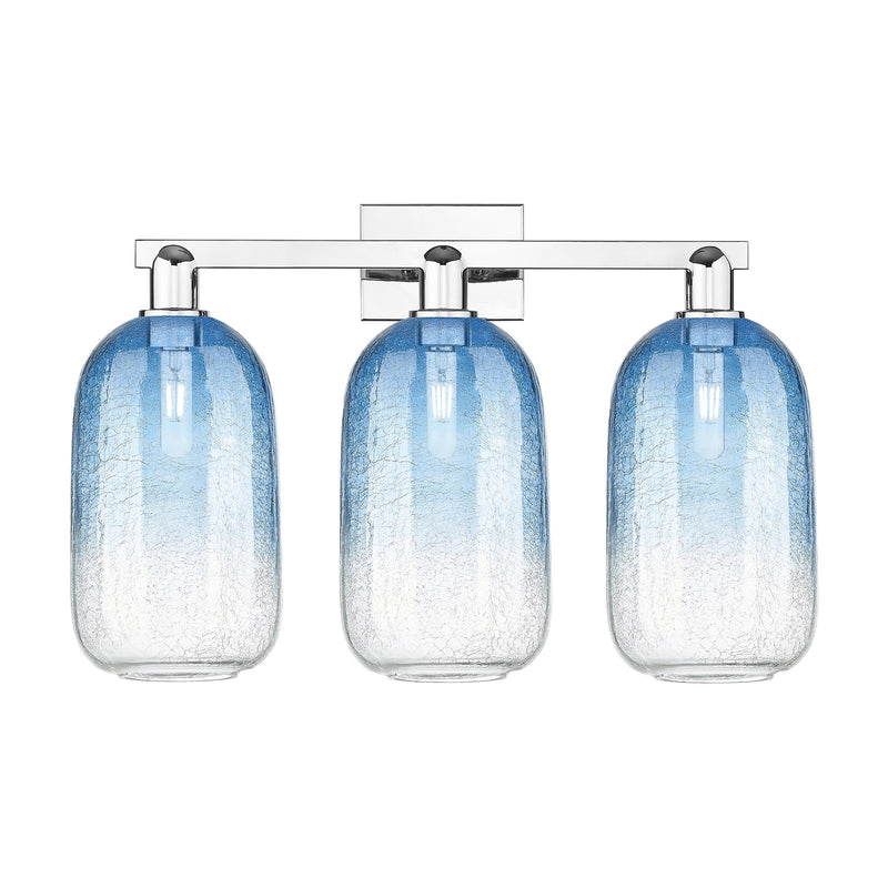 Innovations Brookhaven Cloche 26in 3-Light Bath Vanity Light | Industrial Polished Chrome and Sapphire Blue Glass | Bathroom | Model 716-3W-PC-G482-7SB
