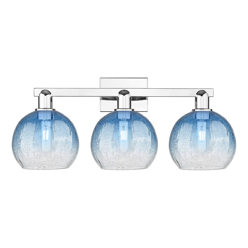 Innovations Brookhaven Globe 27in 3-Light Bath Vanity Light | Industrial Polished Chrome and Sapphire Blue Glass | Bathroom | Model 716-3W-PC-G483-8SB