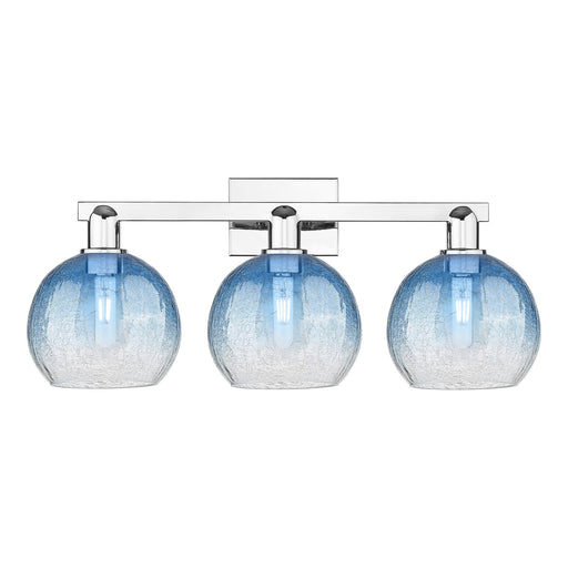 Innovations Brookhaven Globe 27in 3-Light Bath Vanity Light | Industrial Polished Chrome and Sapphire Blue Glass | Bathroom | Model 716-3W-PC-G483-8SB