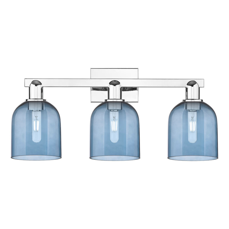 Innovations Bella 24.5in 3-Light Bath Vanity | Industrial Polished Chrome and Blue Glass | Bathroom Vanity Light | 24.5 x 11.25 | Model 716-3W-PC-G558-6BL