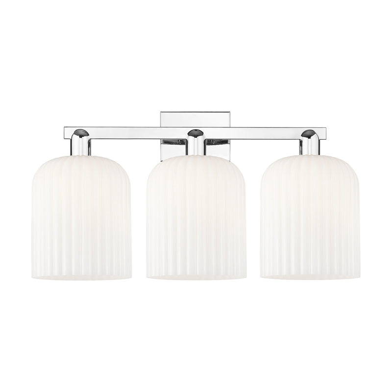 Innovations Bridal Veil 27in 3-Light Bath Vanity Light | Industrial Polished Chrome and Gloss White Ribbed Glass | Bathroom | Model 716-3W-PC-G559-8GWH
