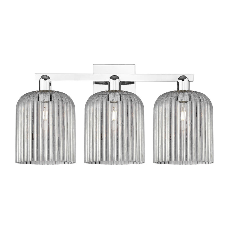 Innovations Bridal Veil 27in 3-Light Bath Vanity Light | Industrial Polished Chrome and Light Smoke Ribbed Glass | Bathroom | Model 716-3W-PC-G559-8SM