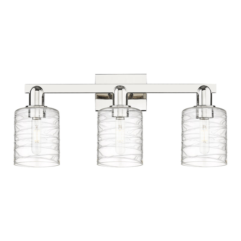 Innovations Cobbleskill 24in 3-Light Bath Vanity | Industrial Polished Nickel Steel and Deco Swirl Clear Glass | Bathroom Vanity | Model 716-3W-PN-G1113