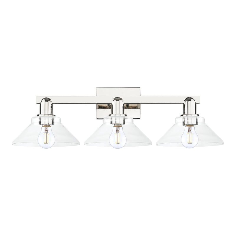 Innovations Orwell 27in 3-Light Bath Vanity Light | Industrial Polished Nickel Steel and Clear Cone Glass | Bathroom Vanity | 27.38 | Model 716-3W-PN-G132