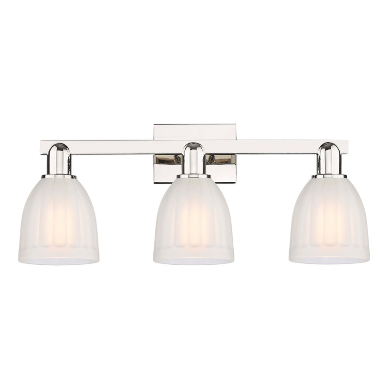 Innovations Brookfield 25in 3-Light Bath Vanity | Industrial Polished Nickel and White Ribbed Glass | Bathroom Vanity Light | 24.75 | Model 716-3W-PN-G441