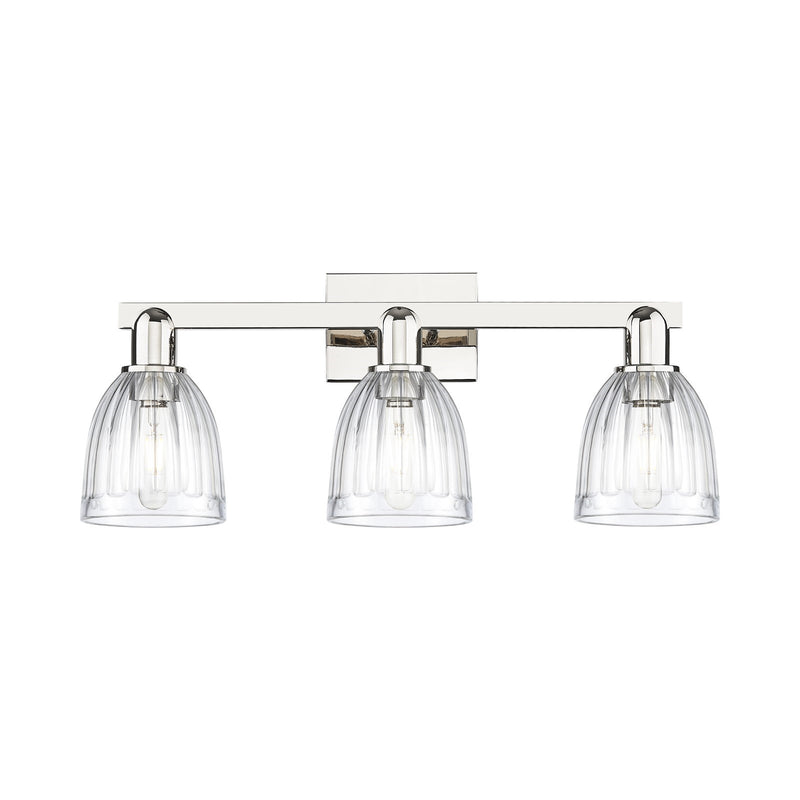 Innovations Brookfield 25in 3-Light Bath Vanity | Industrial Polished Nickel Steel and Clear Ribbed Glass | Bathroom Vanity Light | Model 716-3W-PN-G442