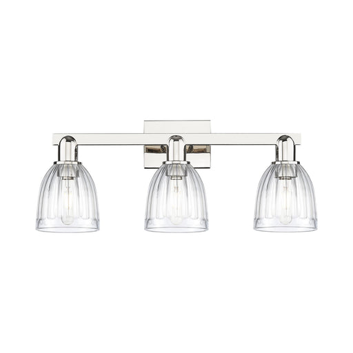 Innovations Brookfield 25in 3-Light Bath Vanity | Industrial Polished Nickel Steel and Clear Ribbed Glass | Bathroom Vanity Light | Model 716-3W-PN-G442