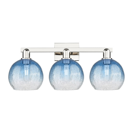Innovations Brookhaven Globe 27in 3-Light Bath Vanity Light | Industrial Polished Nickel and Sapphire Blue Glass | Bathroom | Model 716-3W-PN-G483-8SB