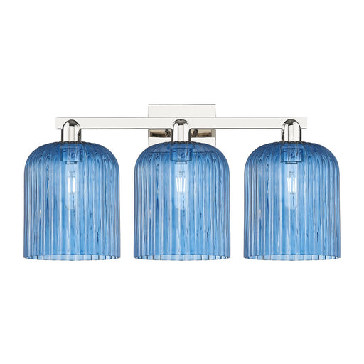 Innovations Bridal Veil 27in 3-Light Bath Vanity | Industrial Modern Polished Nickel and Princess Blue Ribbed Glass | Bathroom | Model 716-3W-PN-G559-8BL